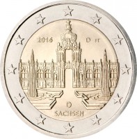 Germany coin 2 Euro - Federal States: Saxony (2016) obverse obverse of 2 Euro - Federal States: Saxony (2016) coin with KM# 347 from Germany. Inscription: 2016 D JT D SACHSEN