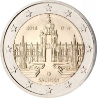 obverse of 2 Euro - Federal States: Saxony (2016) coin with KM# 347 from Germany. Inscription: 2016 D JT D SACHSEN