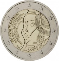 France coin 2 Euro - 225th anniversary of the Fête de la Fédération (Festival of the Federation) (2015) obverse obverse of 2 Euro - 225th anniversary of the Fête de la Fédération (Festival of the Federation) (2015) coin with KM# 2227 from France. Inscription: Sur toutes les pages lues Sur toutes les pages blanches Pierre sang papier ou cendre J'écris ton nom RF 201