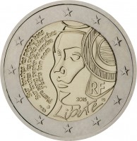 obverse of 2 Euro - 225th anniversary of the Fête de la Fédération (Festival of the Federation) (2015) coin with KM# 2227 from France. Inscription: Sur toutes les pages lues Sur toutes les pages blanches Pierre sang papier ou cendre J'écris ton nom RF 201