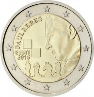 obverse of 2 Euro - 100th Anniversary of the Birth of the Famous Estonian Chess Grandmaster Paul Keres (2016) coin from Estonia. Inscription: PAUL KERES EESTI 2016