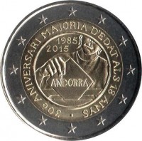 obverse of 2 Euro - 30th Anniversary of the Coming of Age and Political Rights to the Men and Women Turning 18 Years Old (2015) coin from Andorra. Inscription: 30 è ANIVERSARI MAJORIA D'EDAT ALS 18 ANYS · 1985 2015 ANDORRA
