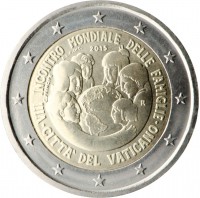 obverse of 2 Euro - 8th World Meeting of Families (2015) coin from Vatican City. Inscription: VIII INCONTRO MONDIALE DELLE FAMIGLIE 2015 C. PRINCIPE R CITTA' DEL VATICANO