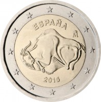 obverse of 2 Euro - Felipe VI - Unesco’s World Cultural and Natural Heritage Sites: Cave of Altamira (2015) coin with KM# 1337 from Spain. Inscription: ESPAÑA M 2015
