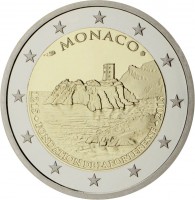obverse of 2 Euro - Albert II - 800th Anniversary of the Construction of the First Castle on the Rock (2015) coin from Monaco. Inscription: MONACO 1215 - FONDATION DE LA FORTERESSE - 2015
