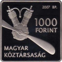 obverse of 1000 Forint - 125th Anniversary to Birth of János Adorján (2007) coin with KM# 797 from Hungary. Inscription: 2007 BP. 1000 FORINT MAGYAR KÖZTÁRSASÁG