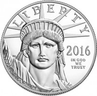 obverse of 100 Dollars - Portrait of Liberty - American Platinum Eagle (2016) coin with KM# 652 from United States. Inscription: LIBERTY 2016 IN GOD WE TRUST E PLURIBUS UNUM