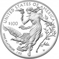reverse of 100 Dollars - Portrait of Liberty - American Platinum Eagle (2016) coin with KM# 652 from United States. Inscription: UNITED STATES OF AMERICA $100 .9995 PLATINUM 1 OZ.