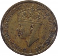 obverse of 1 Shilling - George VI (1938 - 1947) coin with KM# 23 from British West Africa. Inscription: :GEORGIVS VI D · G · BRITT · OMN · REX F · D · IND · IMP
