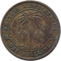 reverse of 1 Shilling - George VI (1938 - 1947) coin with KM# 23 from British West Africa. Inscription: BRITISH WEST AFRICA . 19 38 . ONE SHILLING