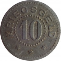 reverse of 10 Pfennig - Stralsund (Stadt, Pommern) (1917) coin with F# 523.2 from Germany. Inscription: KRIEGSGELD ★ ★ ★