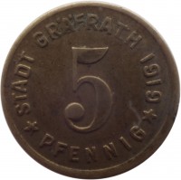 reverse of 5 Pfennig - Gräfrath (Stadt, Rheinprovinz) (1919) coin with F# 168.2 from Germany. Inscription: STADT GRÄFRATH 1919 5 ★ PFENNIG ★