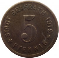 Germany coin 5 Pfennig - Gräfrath (Stadt, Rheinprovinz) (1919) reverse reverse of 5 Pfennig - Gräfrath (Stadt, Rheinprovinz) (1919) coin with F# 168.2 from Germany. Inscription: STADT GRÄFRATH 1919 5 ★ PFENNIG ★