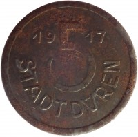 reverse of 5 Pfennig - Düren (Stadt, Rheinprovinz) (1917) coin with F# 105.5 from Germany. Inscription: 19 5 17 STADT DÜREN