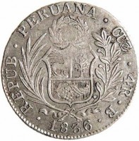 obverse of 4 Reales (1835 - 1836) coin with KM# 151.1 from Peru. Inscription: REPUB . PERUANA . CUZ . 4R . B . 1836 .