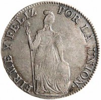 Peru coin 4 Reales (1835 - 1836) reverse reverse of 4 Reales (1835 - 1836) coin with KM# 151.1 from Peru. Inscription: FIRME Y FELIZ POR LA UNION .