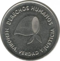 Argentina coin 2 Pesos - Declaration of Human Rights (2006) obverse obverse of 2 Pesos - Declaration of Human Rights (2006) coin with KM# 161 from Argentina. Inscription: DERECHOS HUMANOS MEMORIA, VERDAD Y JUSTICIA