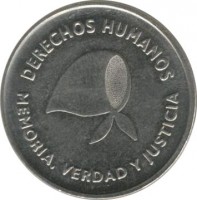 obverse of 2 Pesos - Declaration of Human Rights (2006) coin with KM# 161 from Argentina. Inscription: DERECHOS HUMANOS MEMORIA, VERDAD Y JUSTICIA