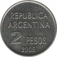 Argentina coin 2 Pesos - Declaration of Human Rights (2006) reverse reverse of 2 Pesos - Declaration of Human Rights (2006) coin with KM# 161 from Argentina. Inscription: REPUBLICA ARGENTINA 2 PESOS 2006