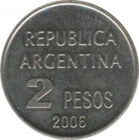 reverse of 2 Pesos - Declaration of Human Rights (2006) coin with KM# 161 from Argentina. Inscription: REPUBLICA ARGENTINA 2 PESOS 2006