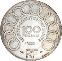 France coin 100 Francs - Jean Monnet (1992) reverse reverse of 100 Francs - Jean Monnet (1992) coin with KM# 1120 from France. Inscription: LIBERTE • EGALITE • FRATERNITE 100 FRANCS • 1992 • RF A. PAOLI