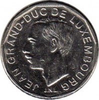 Luxembourg coin 50 Francs - Jean (1989 - 1995) obverse obverse of 50 Francs - Jean (1989 - 1995) coin with KM# 66 from Luxembourg. Inscription: JEAN GRAND-DUC DE LUXEMBOURG J.N.L.
