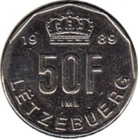 reverse of 50 Francs - Jean (1989 - 1995) coin with KM# 66 from Luxembourg. Inscription: 19 89 50F IML LËTZEBUERG