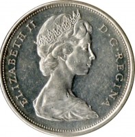 obverse of 50 Cents - Elizabeth II - 2'nd Portrait (1965 - 1966) coin with KM# 63 from Canada. Inscription: ELIZABETH II D · G · REGINA