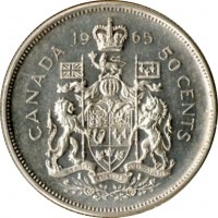 reverse of 50 Cents - Elizabeth II - 2'nd Portrait (1965 - 1966) coin with KM# 63 from Canada. Inscription: 19 65 CANADA 50 CENTS