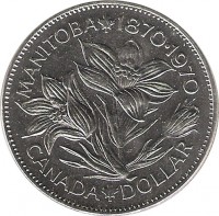 Canada coin 1 Dollar - Elizabeth II - 100th Anniversary to Accession of Manitoba (1970) reverse reverse of 1 Dollar - Elizabeth II - 100th Anniversary to Accession of Manitoba (1970) coin with KM# 78 from Canada. Inscription: MANITOBA 1870 · 1970 RT CANADA DOLLAR