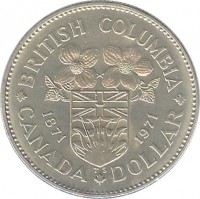 Canada coin 1 Dollar - Elizabeth II - 100th Anniversary to Accession of British Columbia (1971) reverse reverse of 1 Dollar - Elizabeth II - 100th Anniversary to Accession of British Columbia (1971) coin with KM# 79 from Canada. Inscription: BRITISH COLUMBIA 1871 1971 CANADA DOLLAR