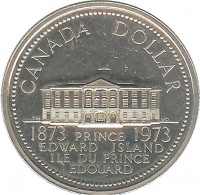 Canada coin 1 Dollar - Elizabeth II - 100th Anniversary to Accession of Prince Edward Island (1973) reverse reverse of 1 Dollar - Elizabeth II - 100th Anniversary to Accession of Prince Edward Island (1973) coin with KM# 82 from Canada. Inscription: CANADA DOLLAR 1873 PRINCE 1973 EDWARD ISLAND ÎLE DU PRINCE ÉDOUARD