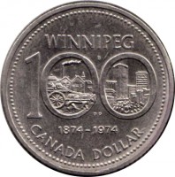 Canada coin 1 Dollar - Elizabeth II - Winnipeg Centennial (1974) reverse reverse of 1 Dollar - Elizabeth II - Winnipeg Centennial (1974) coin with KM# 88 from Canada. Inscription: WINNIPEG B 100 PP 1874-1974 CANADA DOLLAR