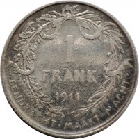 reverse of 1 Franc - Albert I - Dutch text (1910 - 1918) coin with KM# 73 from Belgium. Inscription: 1 FRANK 1911 · EENDRACHT · MAAKT · MACHT ·
