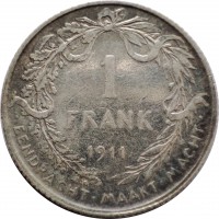 Belgium coin 1 Franc - Albert I - Dutch text (1910 - 1918) reverse reverse of 1 Franc - Albert I - Dutch text (1910 - 1918) coin with KM# 73 from Belgium. Inscription: 1 FRANK 1911 · EENDRACHT · MAAKT · MACHT ·