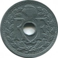 obverse of 20 Centimes (1945 - 1946) coin with KM# 907 from France. Inscription: R F EM LINDAUER