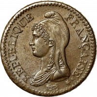 obverse of 1 Décime (1796 - 1800) coin with KM# 644 from France. Inscription: REPUBLIQUE FRANÇAISE