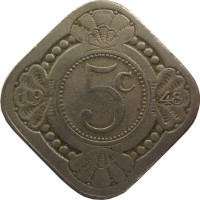 Curaçao coin 5 Cents - Wilhelmina (1948) reverse reverse of 5 Cents - Wilhelmina (1948) coin with KM# 47 from Curaçao. Inscription: 19 5c 48