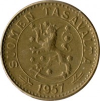 obverse of 20 Markkaa (1952 - 1962) coin with KM# 39 from Finland. Inscription: SUOMEN TASAVALTA H 1957