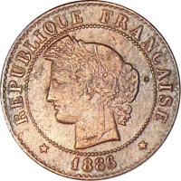 obverse of 1 Centime (1872 - 1897) coin with KM# 826 from France. Inscription: RÉPUBLIQUE FRANÇAISE * 1886 *