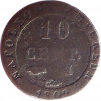 reverse of 10 Centimes - Napoleon I (1807 - 1810) coin with KM# 676 from France. Inscription: NAPOLEON EMPEREUR 10 CENT. A 1809