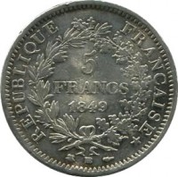 reverse of 5 Francs (1848 - 1849) coin with KM# 756 from France. Inscription: RÉPUBLIQUE FRANÇAISE 5 FRANCS 1849 BB