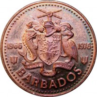 obverse of 1 Cent - Elizabeth II - 10th Anniversary of Independence (1976) coin with KM# 19 from Barbados. Inscription: 1966 1976 PRIDE AND INDUSTRY BARBADOS
