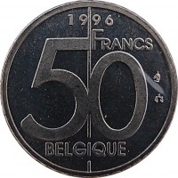 reverse of 50 Francs - Albert II - French text (1994 - 2001) coin with KM# 193 from Belgium. Inscription: 1996 50 FRANCS BELGIQUE