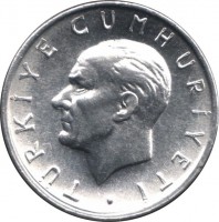 obverse of 1 Lira (1981) coin with KM# 943 from Turkey. Inscription: TÜRKİYE CUMHURİYETİ