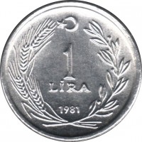 reverse of 1 Lira (1981) coin with KM# 943 from Turkey. Inscription: 1 LIRA 1981