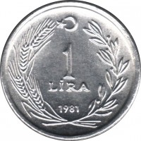 Turkey coin 1 Lira (1981) reverse reverse of 1 Lira (1981) coin with KM# 943 from Turkey. Inscription: 1 LIRA 1981