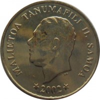 Samoa coin 5 Sene - Malietoa Tanumafili II (2002 - 2010) obverse obverse of 5 Sene - Malietoa Tanumafili II (2002 - 2010) coin with KM# 131 from Samoa. Inscription: MALIETOA TANUMAFILI II SAMOA * 2002 *