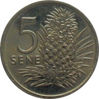 Samoa coin 5 Sene - Malietoa Tanumafili II (2002 - 2010) reverse reverse of 5 Sene - Malietoa Tanumafili II (2002 - 2010) coin with KM# 131 from Samoa. Inscription: 5 SENE