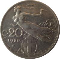 reverse of 20 Centesimi - Vittorio Emanuele III (1908 - 1935) coin with KM# 44 from Italy. Inscription: C.20 1913 R L. BISTOLFI M. L. GIORGI INC.